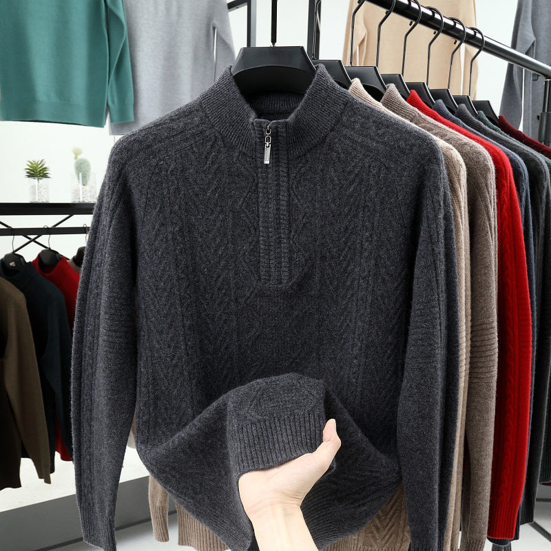 All Wool Men's Sweater Half Turtleneck Zipper Sweater Medium Gray GlamzKart