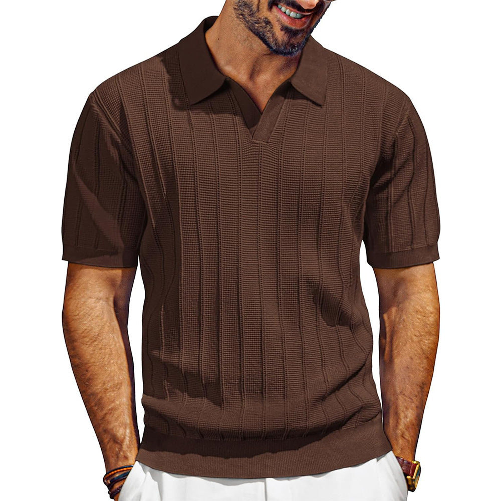 Men's Breathable V-neck Hollow Lapel Knitwear Brown GlamzKart