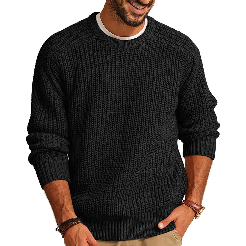 Men's Solid Color Long Sleeve Round Neck Fashion Sweater Loose Retro Sweater Black GlamzKart
