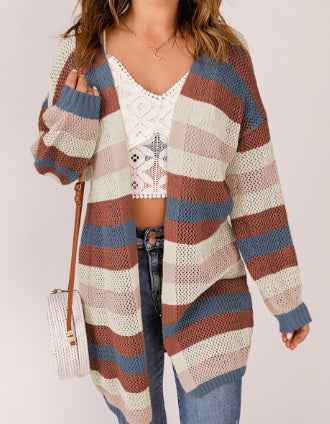Blue Striped Color Block Hollowed Knit Cardigan
