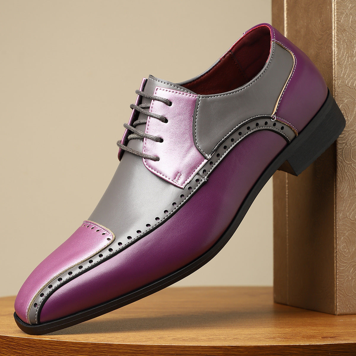 Men's Trendy Non-slip Breathable Leather Shoes Color Matching Business Purple GlamzKart