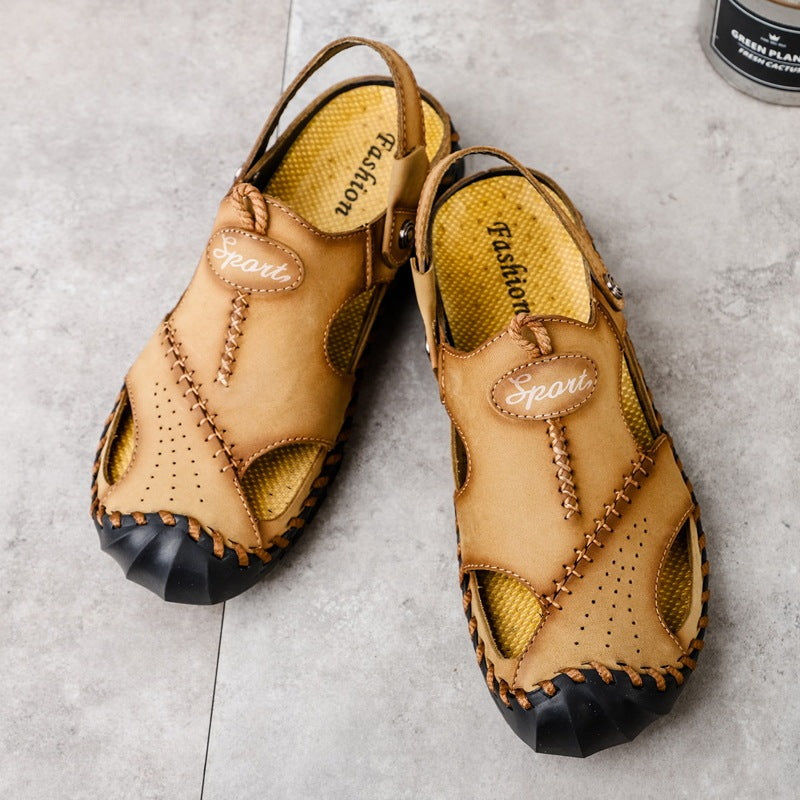 Men's Breathable Casual Hollow Leather Sandals Khaki GlamzKart