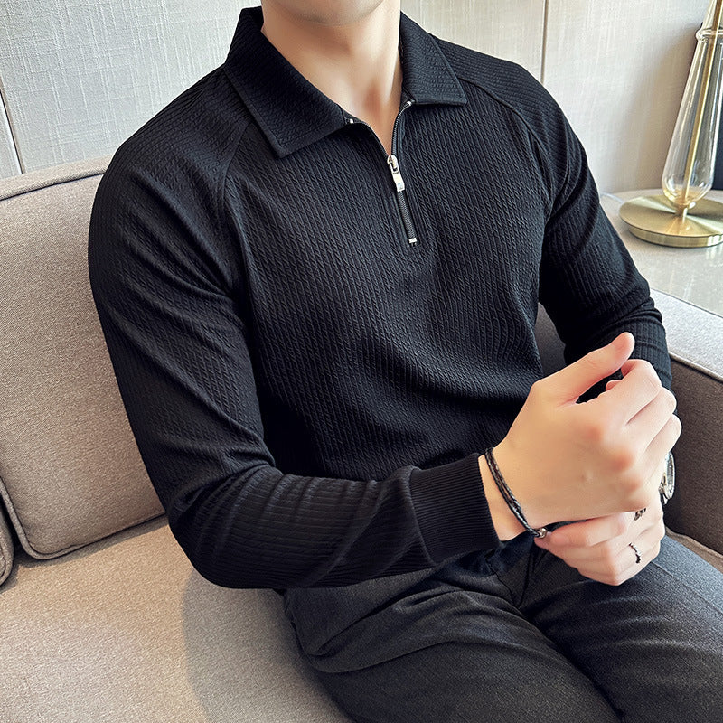 High Elastic Thickened Seersucker Half Zipper Polo Shirt Black GlamzKart