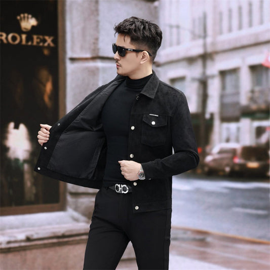 Suede Leather Jacket Men's Slim-fit High-grade Pu Handsome Retro Biker's GlamzKart