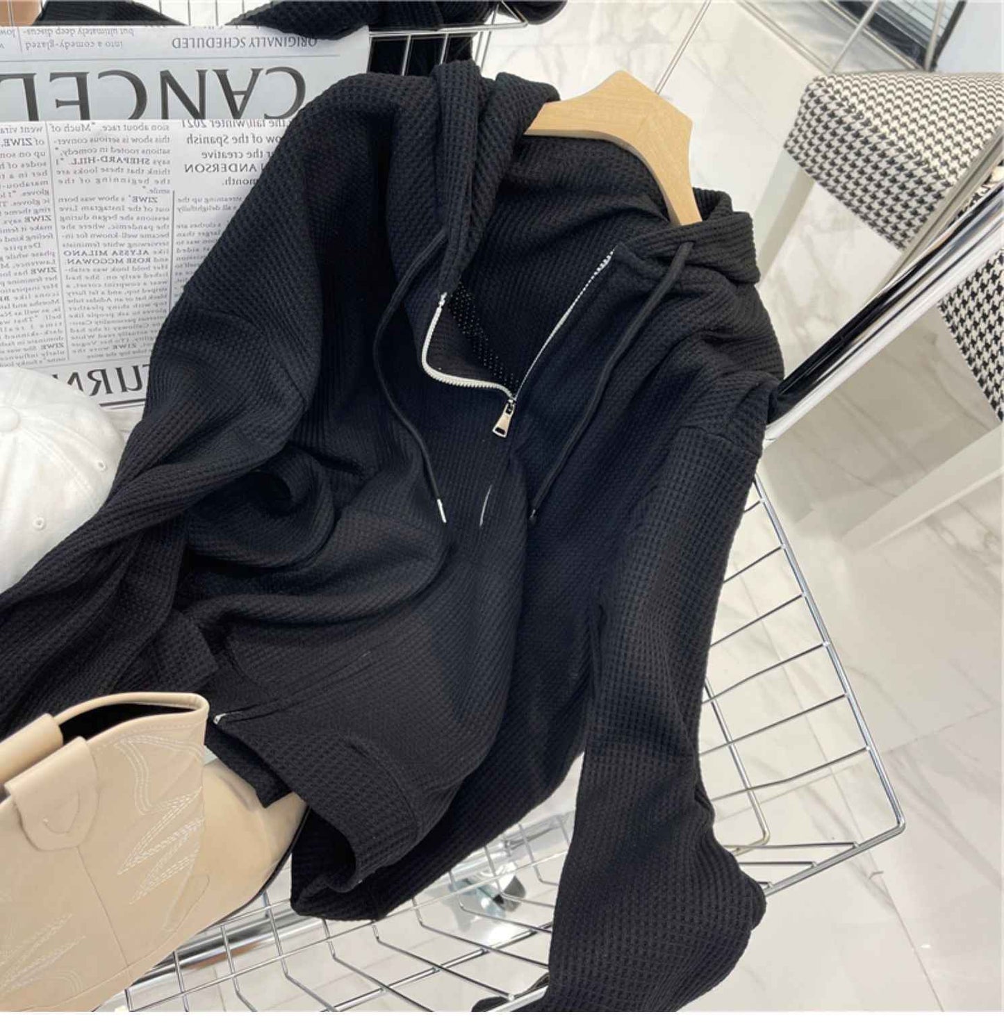 Waffle Hooded Women's Loose Slimming Zipper Cardigan