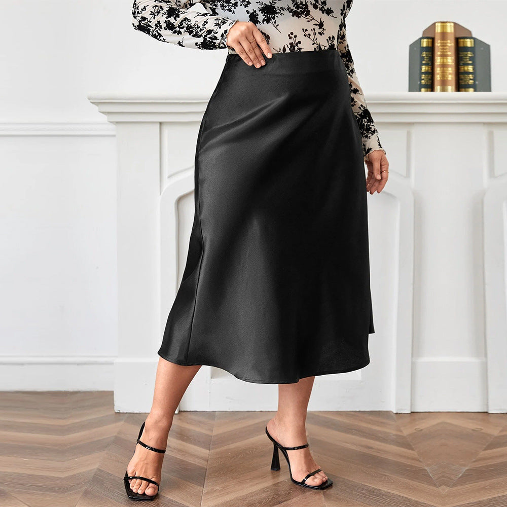 High Waist Zipper Large Hem Satin Satin Temperament Skirt GlamzKart