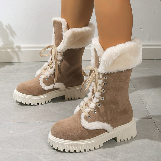 Winter Lace-up Snow Boots For Women Mid-tube Fleece Shoes Warm Chunky Heels Plush Boot GlamzKart