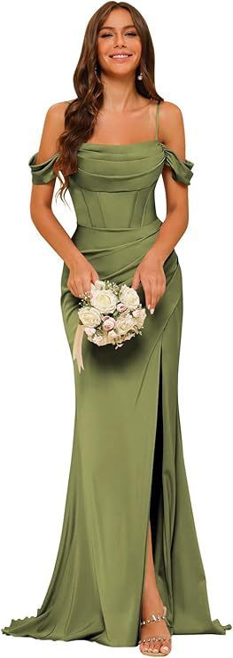 Off-the-shoulder Satin Bridesmaid Corset Ball Gown Olive Green GlamzKart