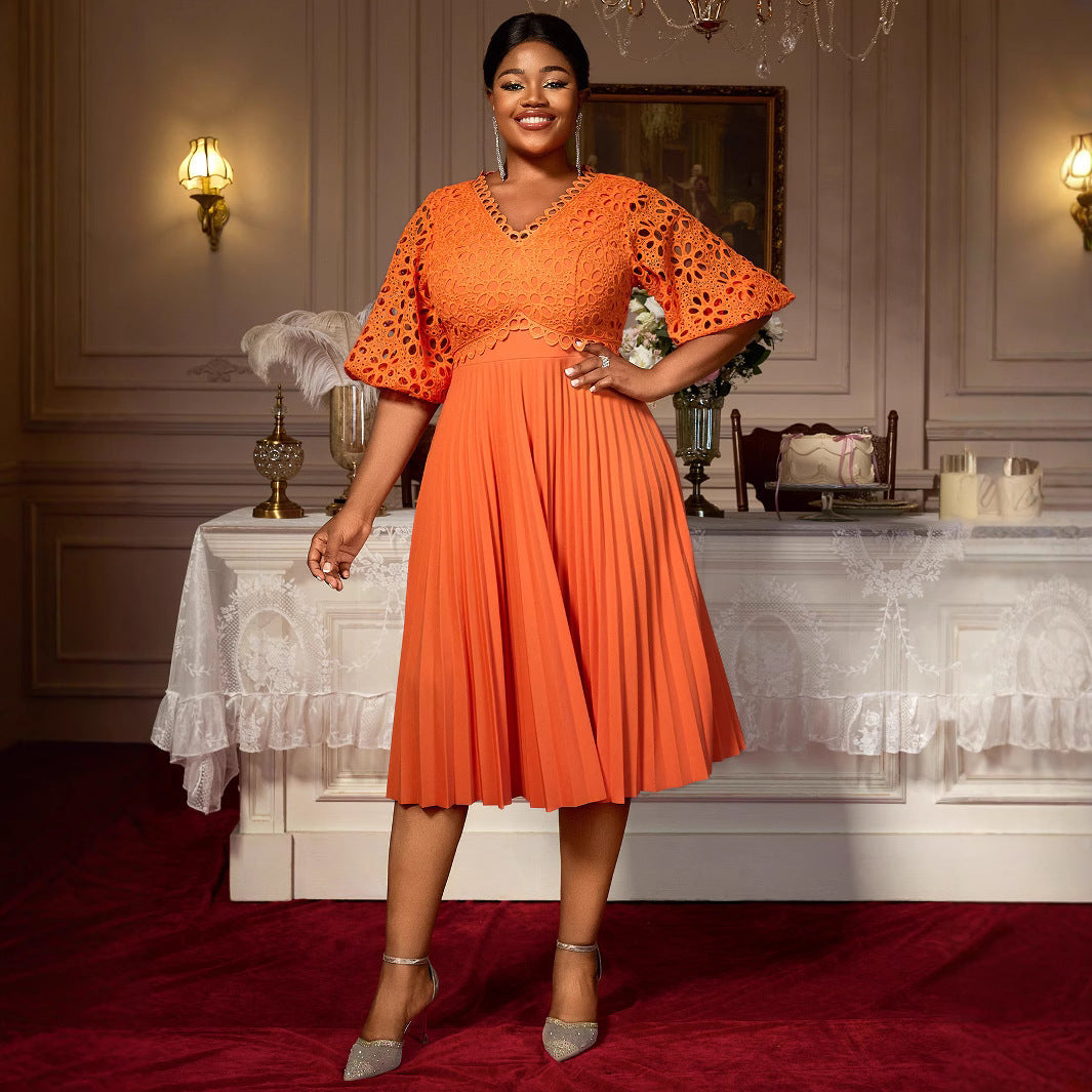 Lace Hollow Pattern Puff Sleeve V-neck Slimming A Swing Elegant Pleated Dress GlamzKart