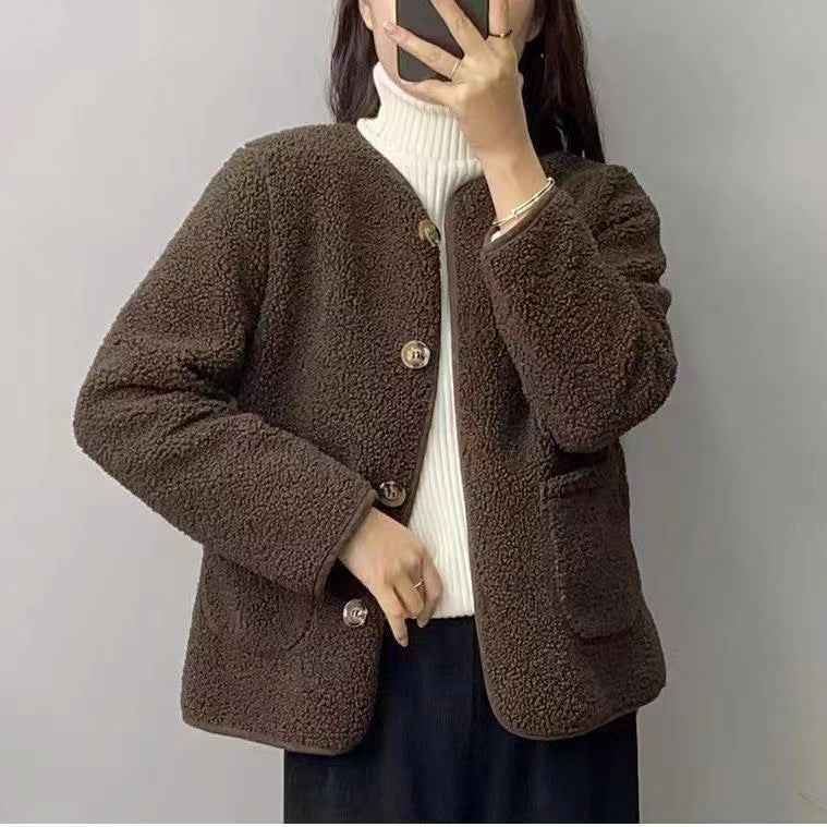 Round Neck Lamb Wool Loose Coat