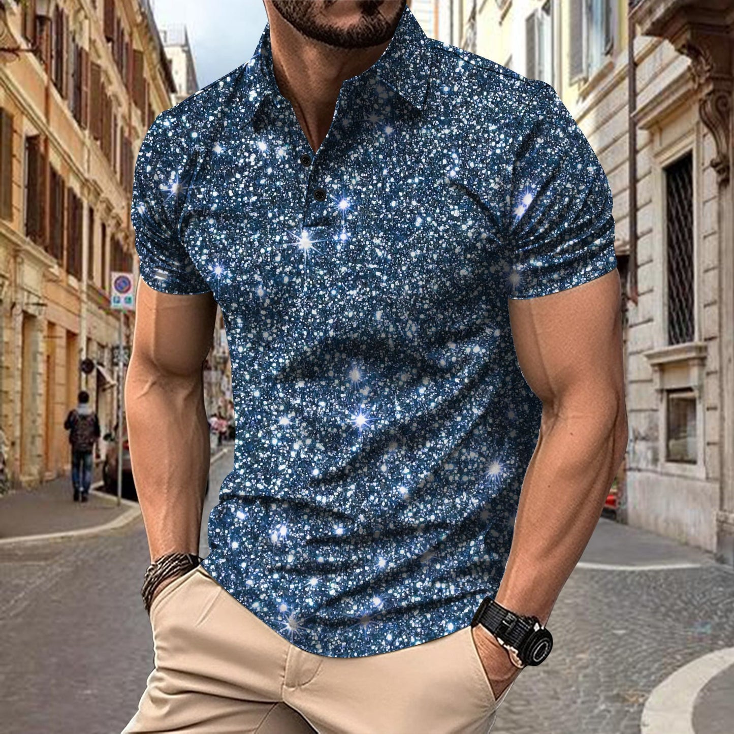 Polo Shirt Digital Printing Button Street Casual T-shirt Blue GlamzKart