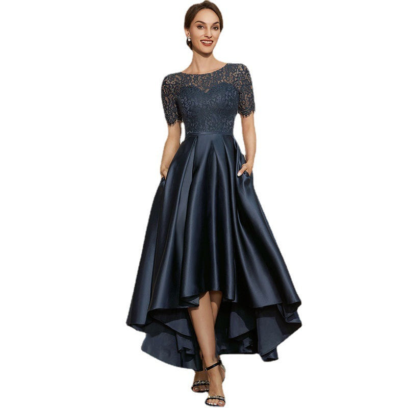 Navy Blue Satin Ball Lace Short Sleeve Dress GlamzKart