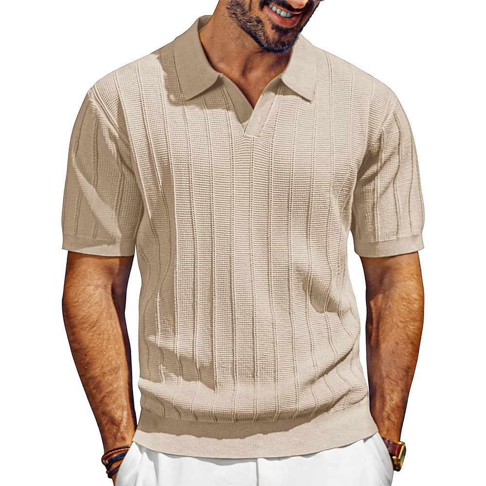 Men's Breathable V-neck Hollow Lapel Knitwear Apricot GlamzKart