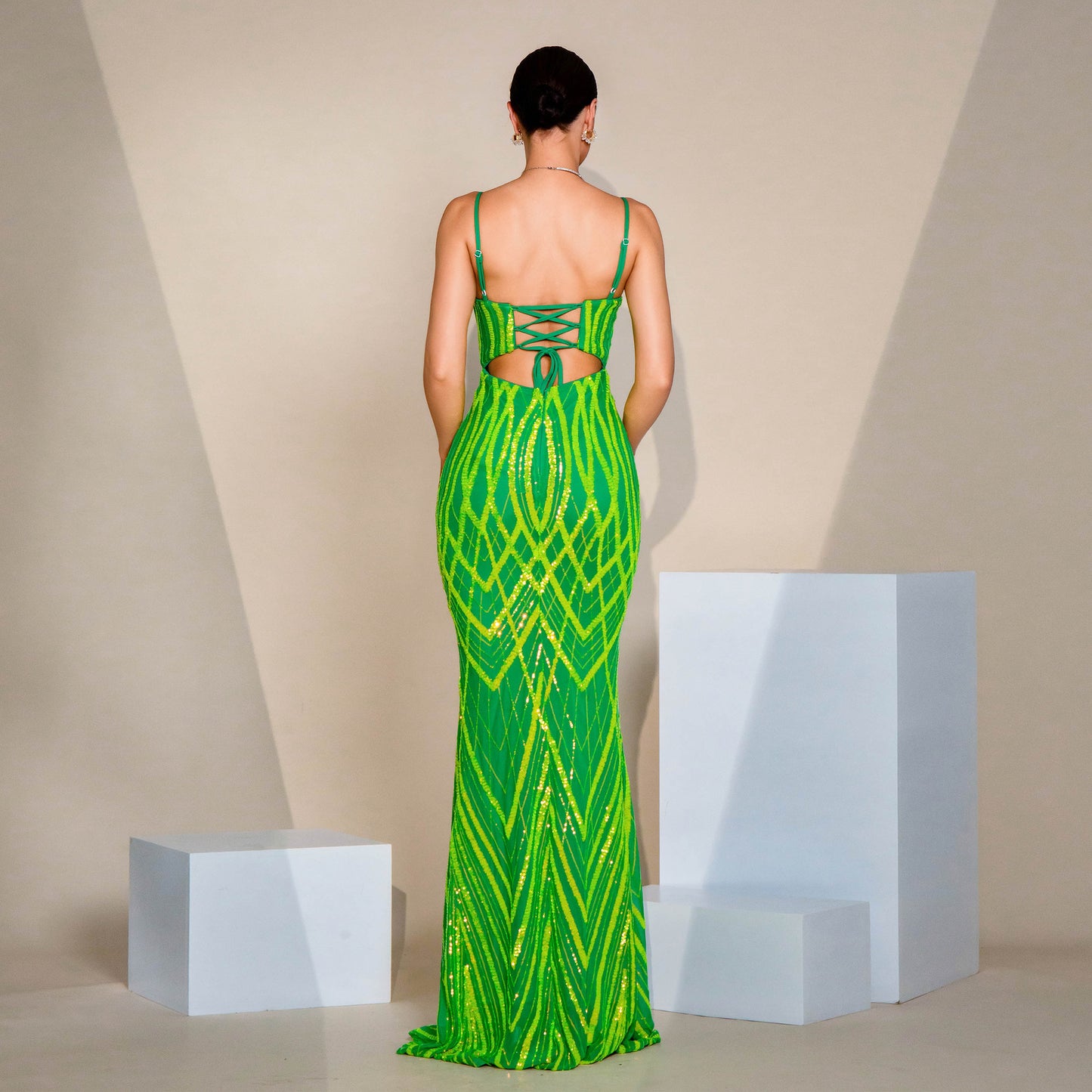 V-neck Strap Sequined Fishtail Evening Dress GlamzKart