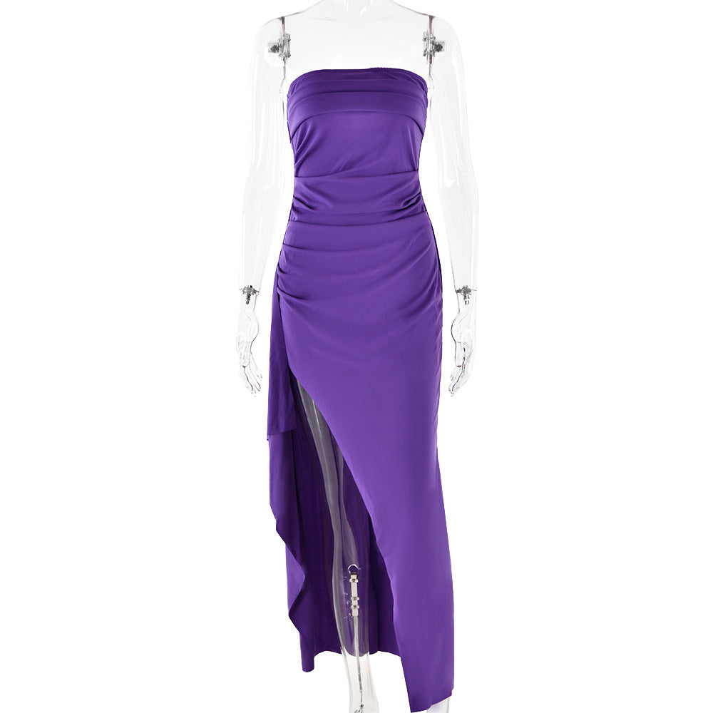 Evening Gown Women's One Neck Strapless Dress Fashionable And Sexy Backless High Slit Long Dress Purple GlamzKart