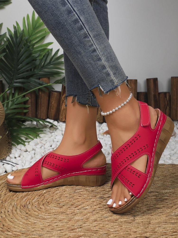 Plus Size Wedge Women's Back Strap Velcro Sandals Red GlamzKart
