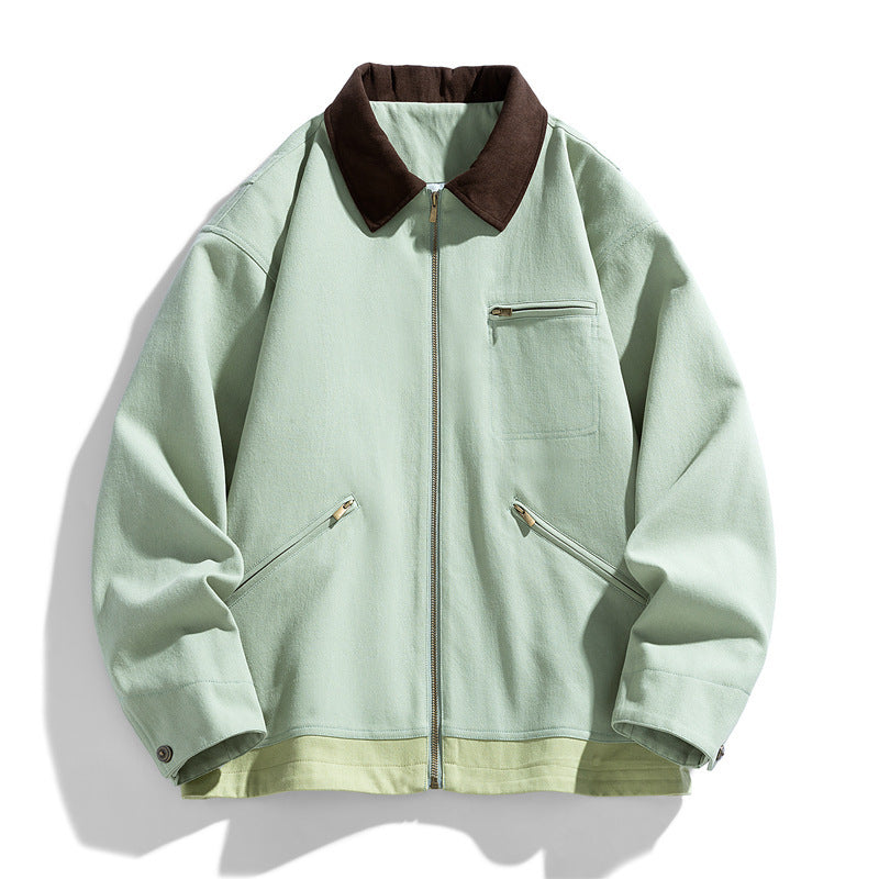 Contrast Color Washed Polo Collar Jacket Men Mint Green GlamzKart