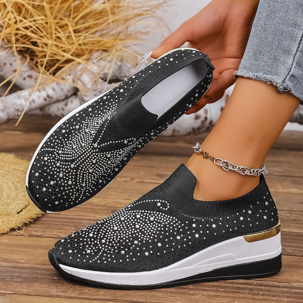 Pumps Women's Summer Wedge Round Toe Rhinestone Slip-on Women's Pumps Pumps Black GlamzKart
