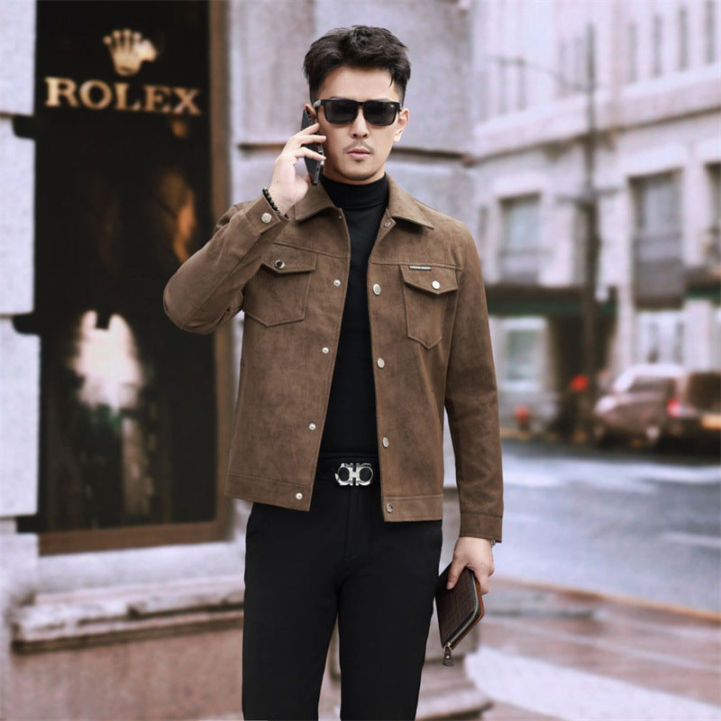 Suede Leather Jacket Men's Slim-fit High-grade Pu Handsome Retro Biker's Brown Suede GlamzKart