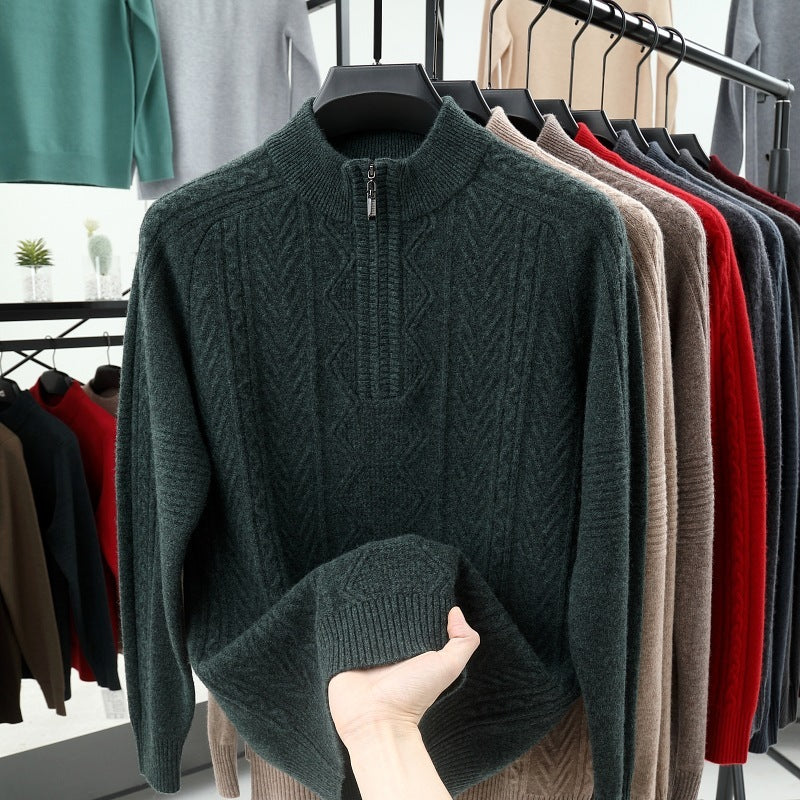 All Wool Men's Sweater Half Turtleneck Zipper Sweater Flower Green GlamzKart