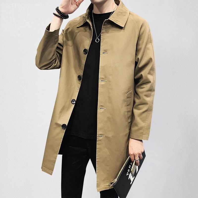 Men's Casual Loose Mid-length Coat Khaki GlamzKart