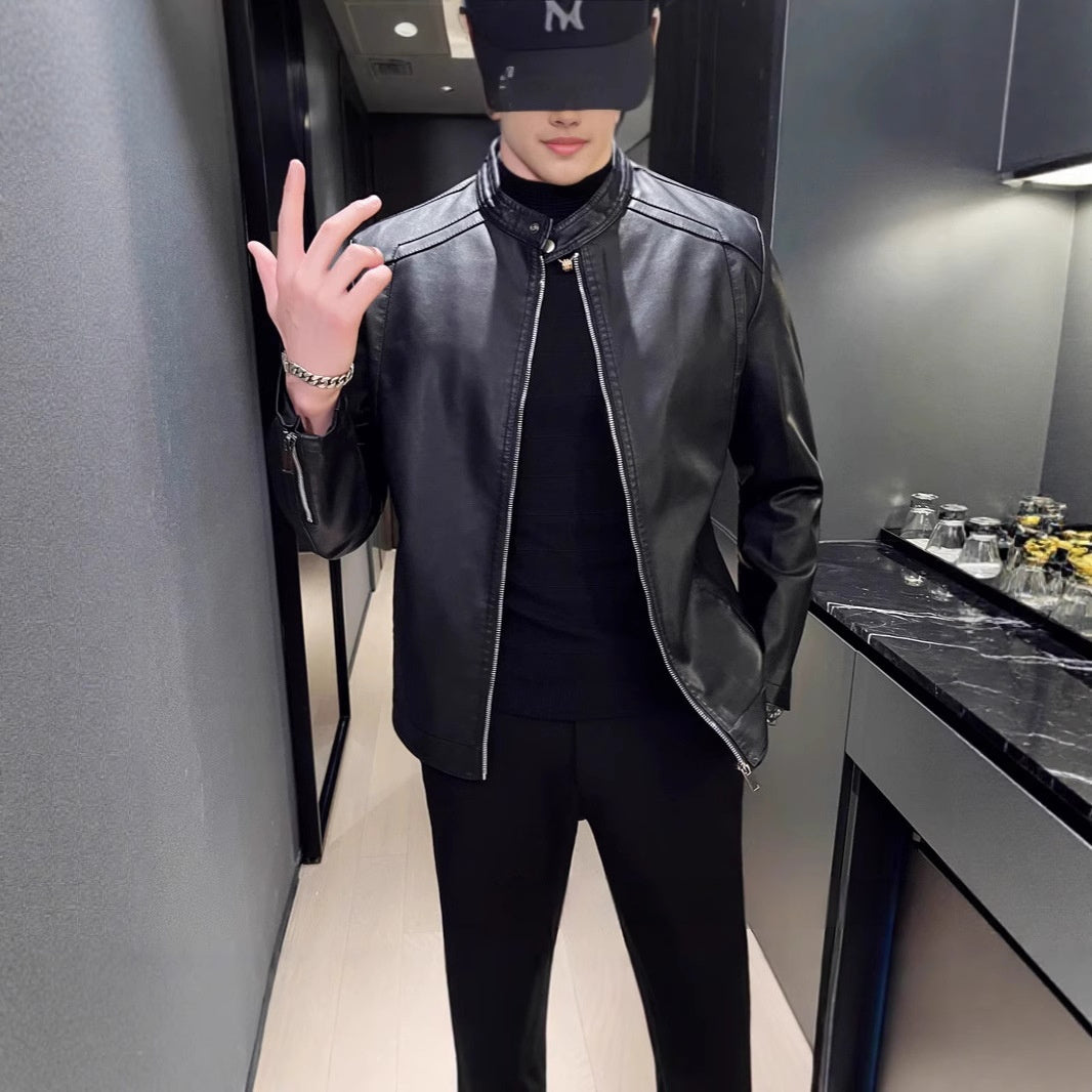 Spring And Autumn Men's Slim Leather Clothing With Stand Collar Jacket GlamzKart
