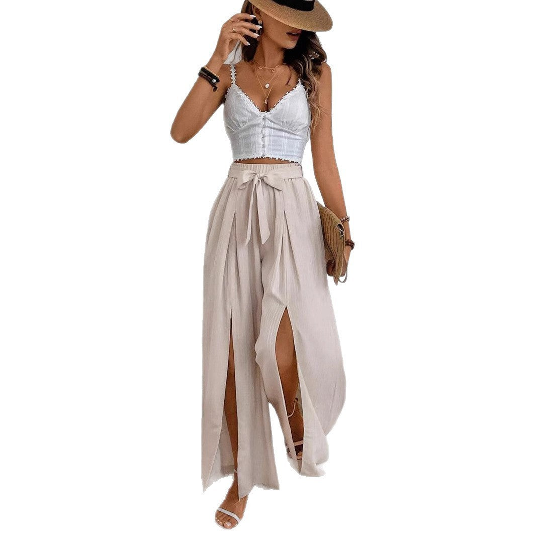 High Waist Wide Leg Women's Fashion Loose Lace-up Slit Casual Pants GlamzKart