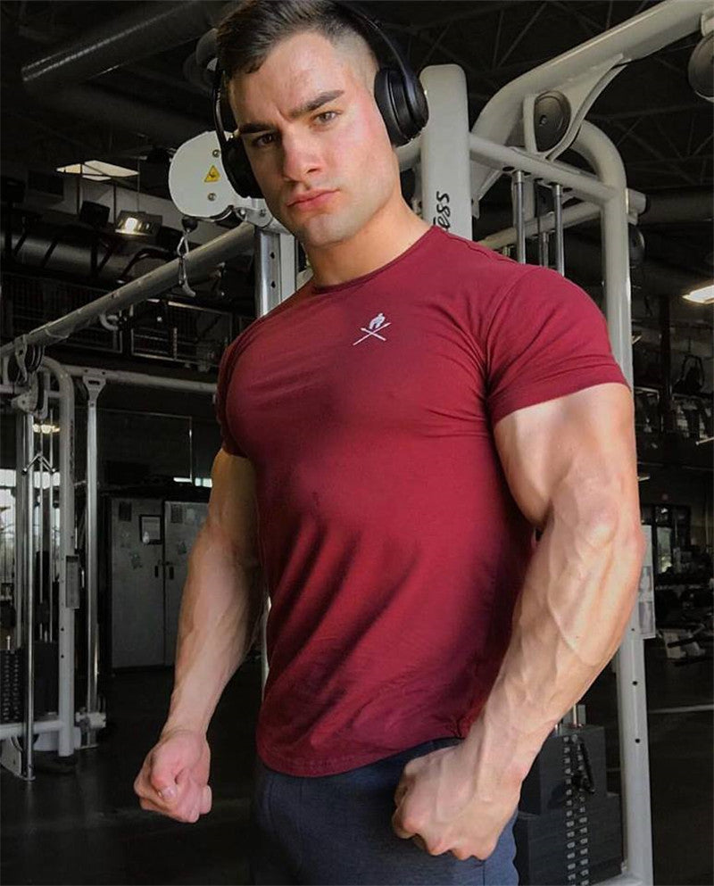 Round Neck Short-sleeve Tights Training Workout Clothes Wine Red GlamzKart