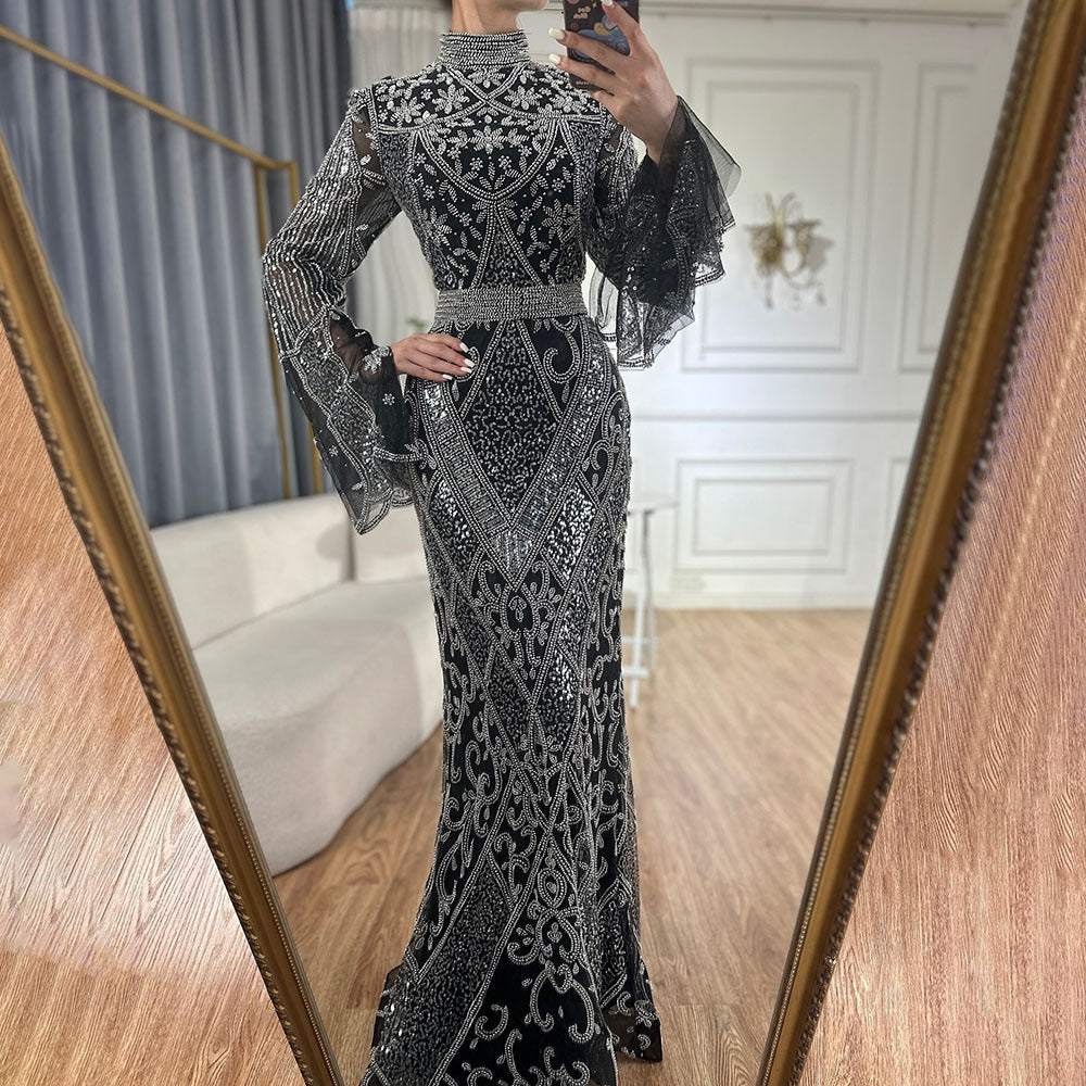 Red High Collar Fishtail Evening Long Dress Black GlamzKart