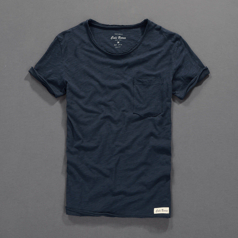 Simple Casual Men's Clothing Summer New Slub Cotton T-shirt Dark Sapphire Blue GlamzKart