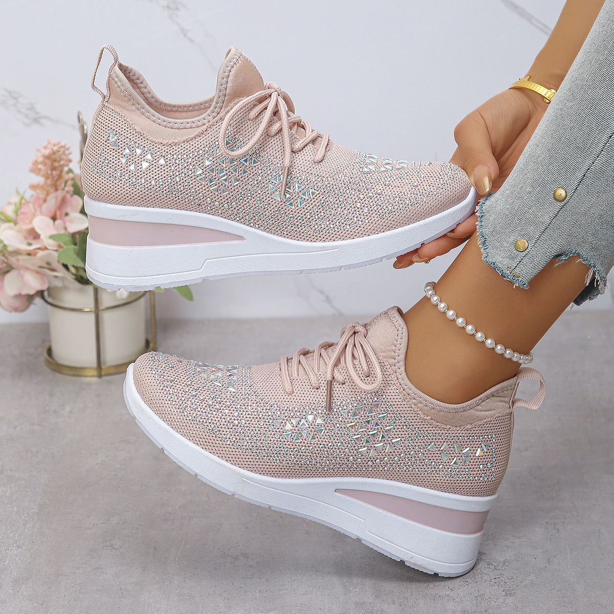 Rhinestone Lace Up Fashion Style Daily Commuter Women's Casual Shoes Pink GlamzKart