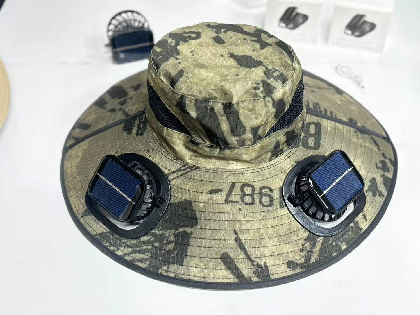 Hat Men's Big Brim Fishing Hat UV Protection Square Camouflage Army Green GlamzKart