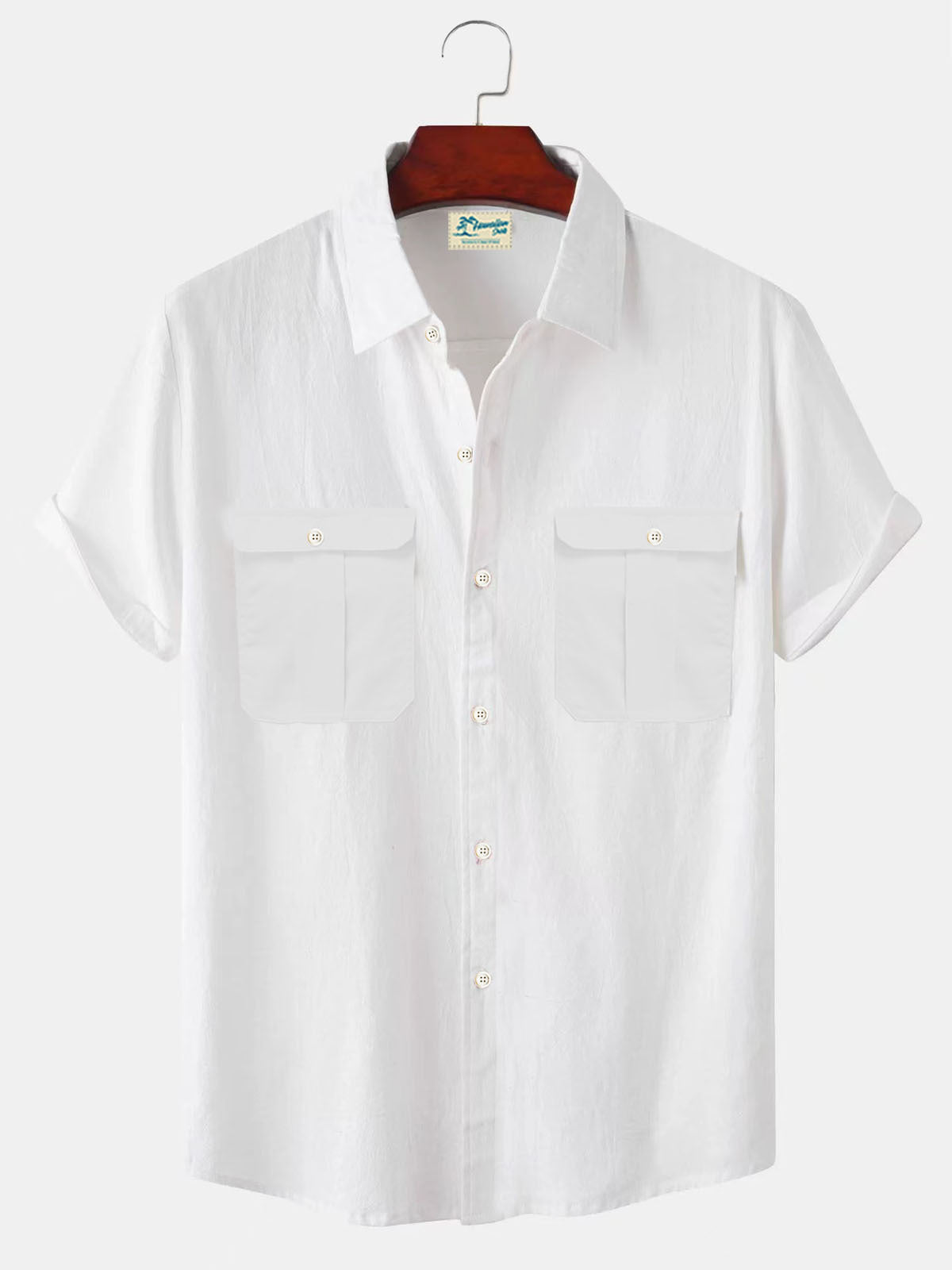 Solid Color Patchwork Linen Cardigan Short Sleeve Loose Lapels Men's Shirt White GlamzKart