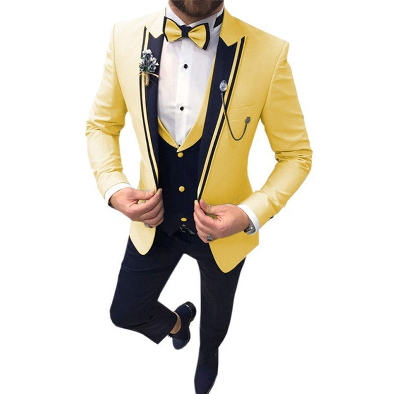 Men's Color Matching Business Casual Suit Three-piece Set Yellow GlamzKart