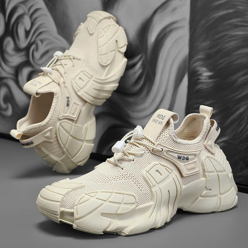 Fly Woven Mesh Breathable Sports Men Trendy All-match Thick Bottom Work Shoes Beige GlamzKart