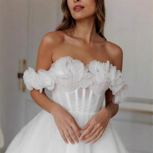 Lace Off-shoulder Mini Wedding Dress GlamzKart