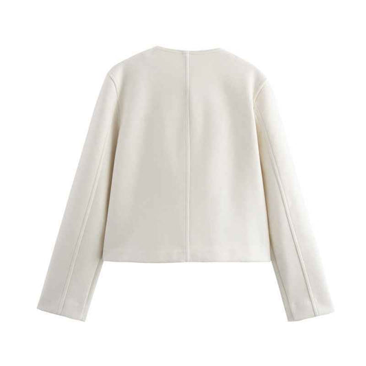 Temperament Crew Neck Long Sleeve Pocket Decorative Jacket Coat