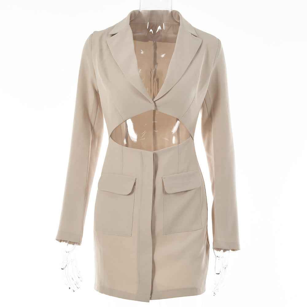 Blazer Dress Women Notched Collar Hollow Out Buttons Jacket