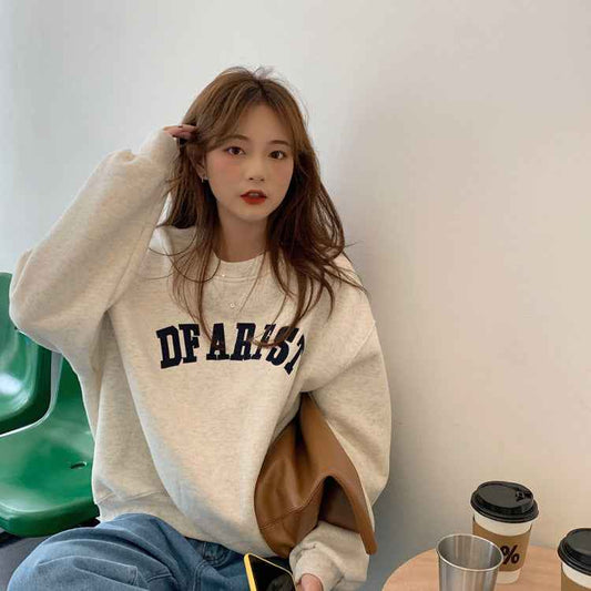 Embroidered Letter Loose Round Neck Long Sleeve Top