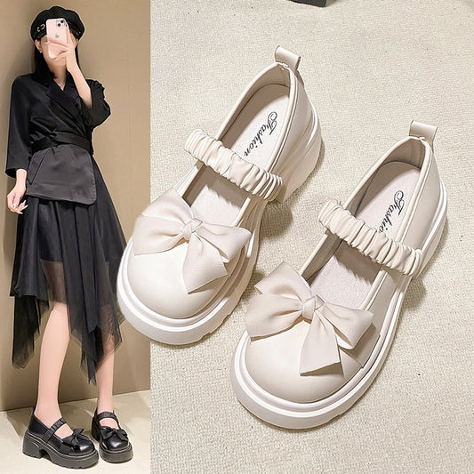 Small Leather Shoes Women's High Heel With Skirt Bow French Chunky Heel Pumps GlamzKart