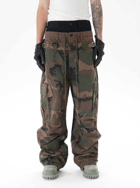 Stitching Three-layer Wide-leg Multi-pocket Camouflage Workwear Casual Pants GlamzKart