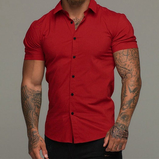 Short Sleeve Lapel Shirt Elastic Thin Solid Color GlamzKart