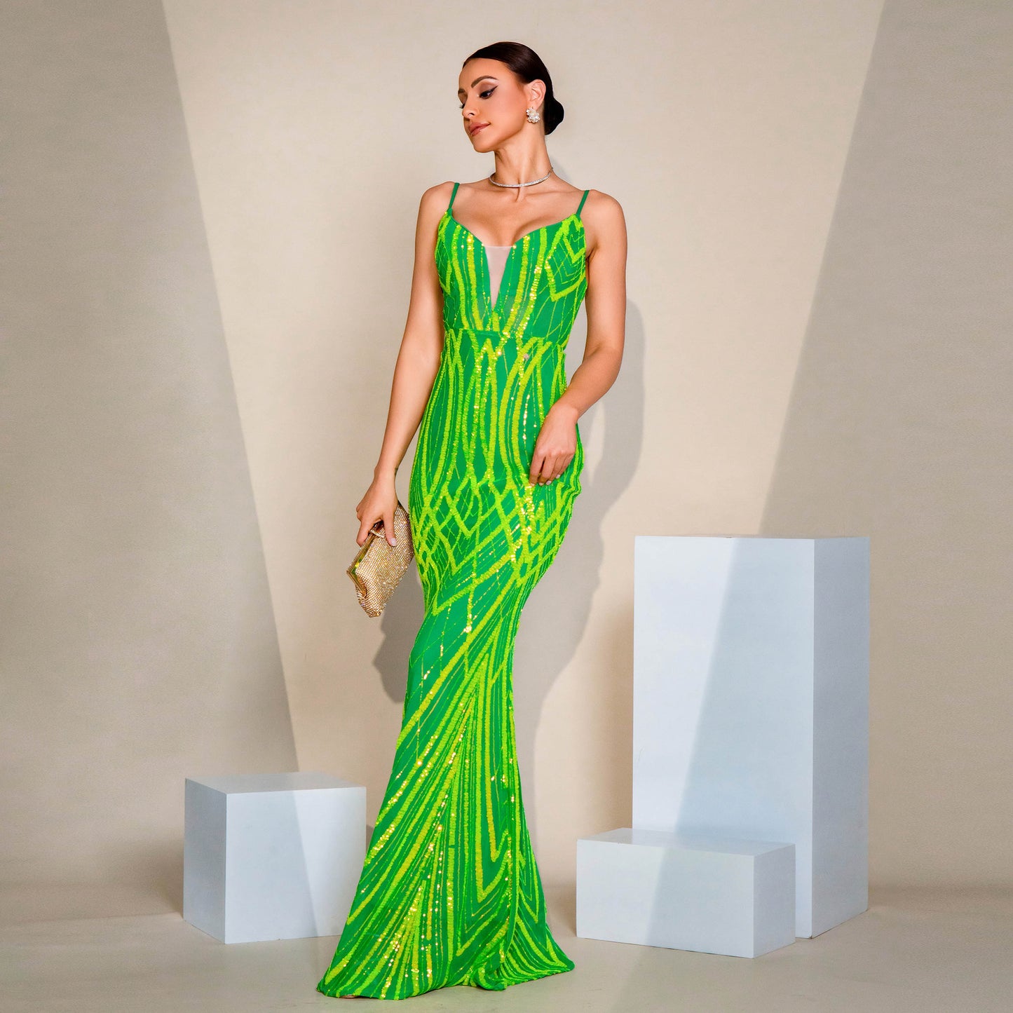 V-neck Strap Sequined Fishtail Evening Dress GlamzKart