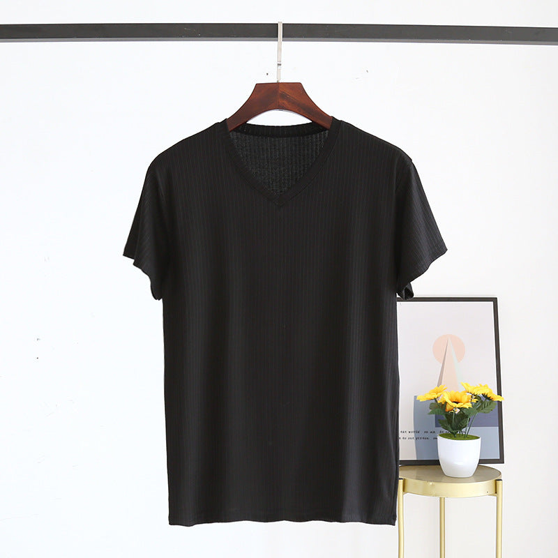 Men's Summer Jacquard Modal Outerwear T-shirt Pajamas Solid Color Sweat-absorbent Cool Breathable Fabric V neck Black GlamzKart