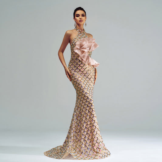 Halter Sequined Mermaid Evening Dress GlamzKart