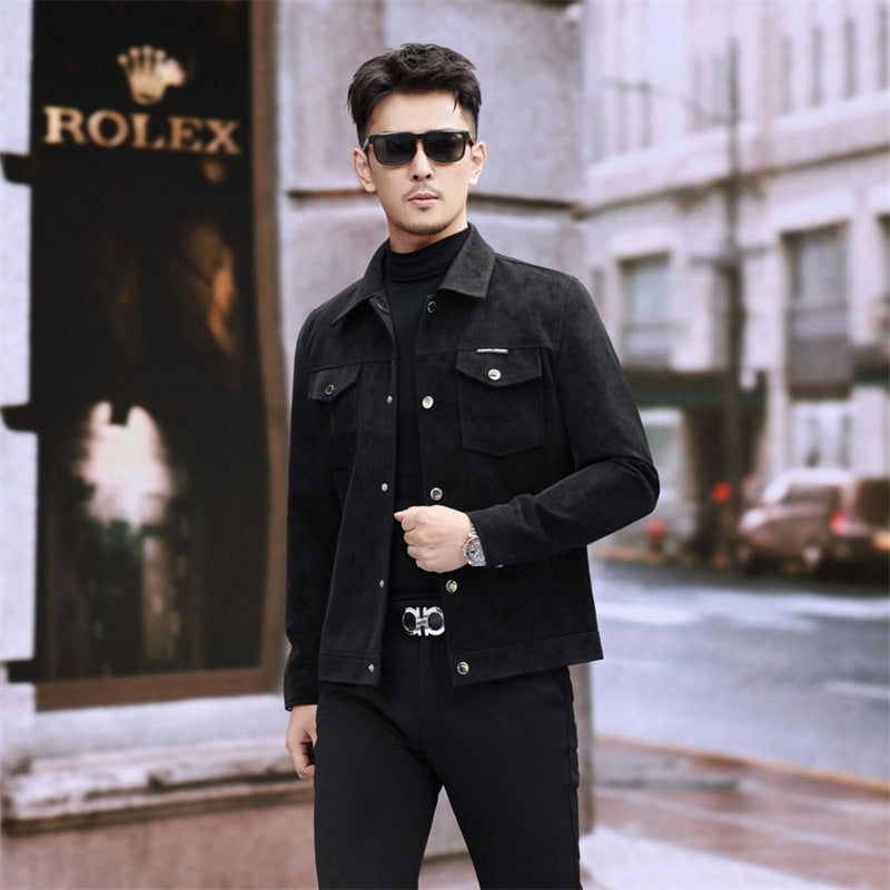 Suede Leather Jacket Men's Slim-fit High-grade Pu Handsome Retro Biker's Black Suede GlamzKart