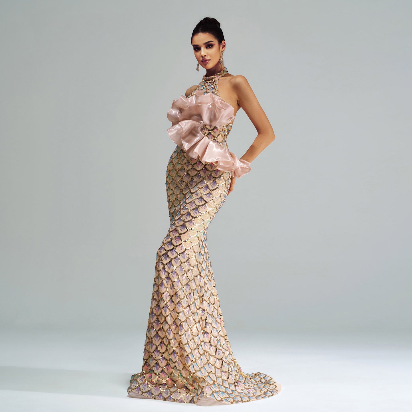 Halter Sequined Mermaid Evening Dress GlamzKart