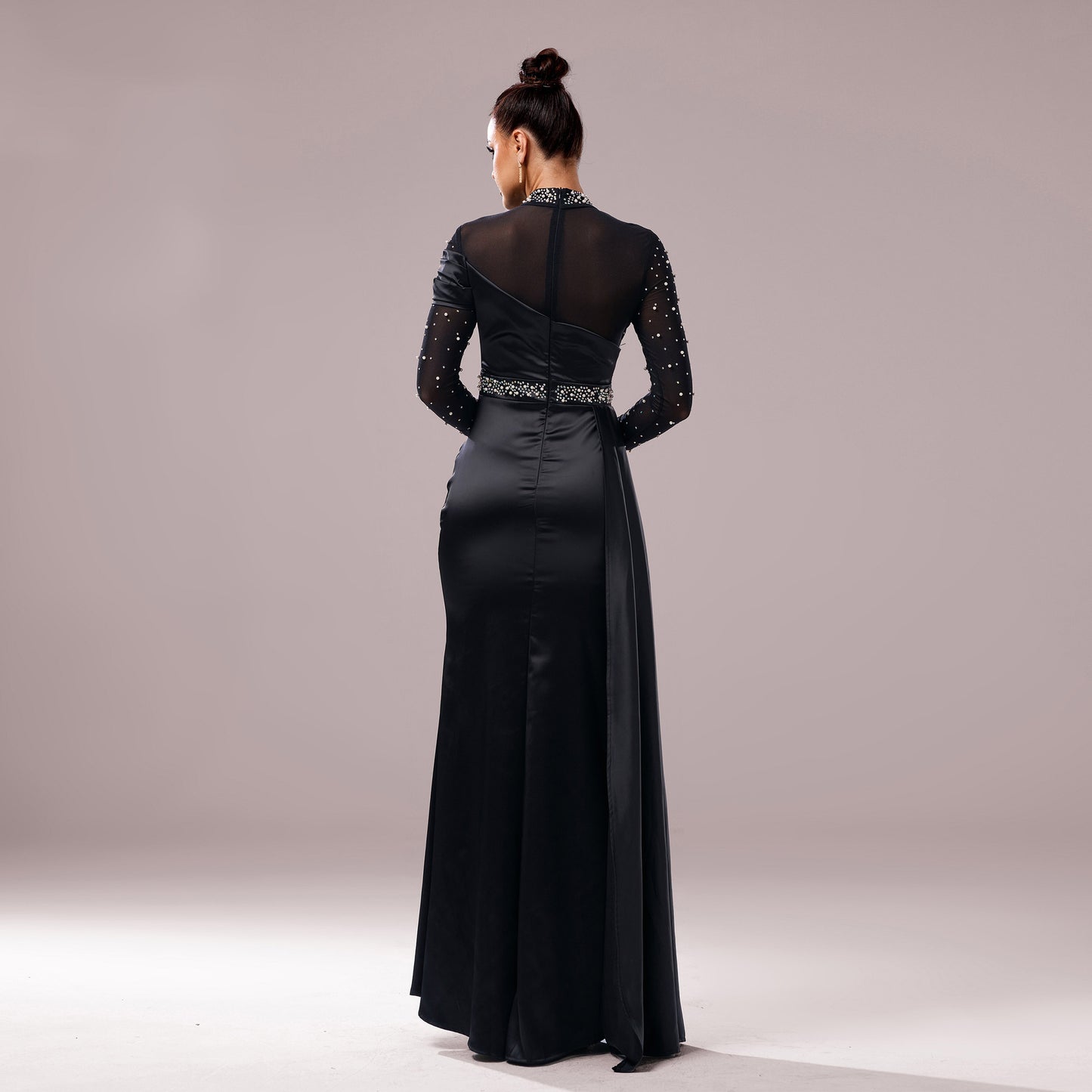 Long Sleeve Slim-fit Sheath Pearl Banquet Fishtail Evening Dress GlamzKart