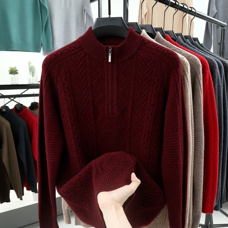 All Wool Men's Sweater Half Turtleneck Zipper Sweater Wine Red GlamzKart