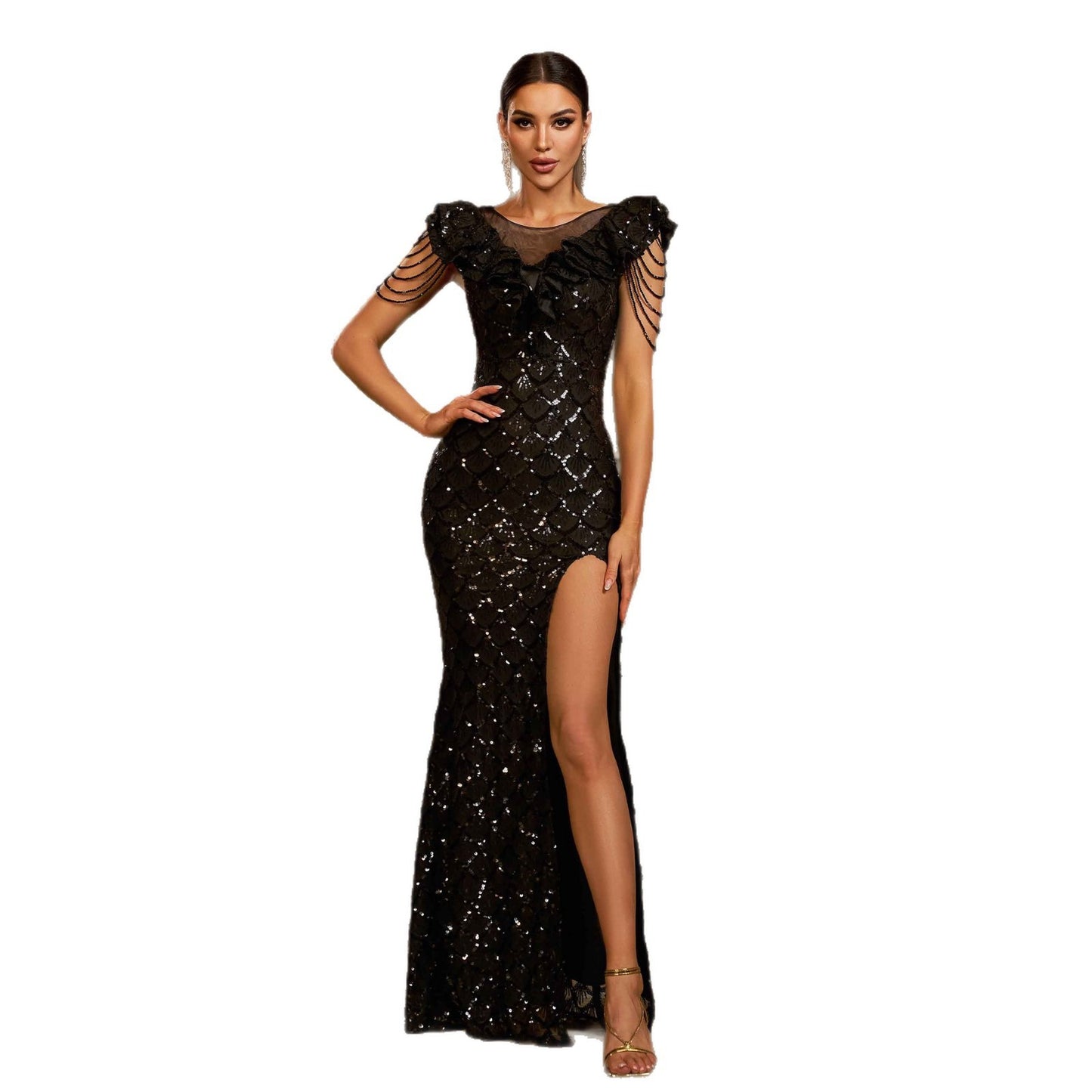 Elegant Round Neck Sequins Slim-fit Sheath Slit Evening Dress GlamzKart
